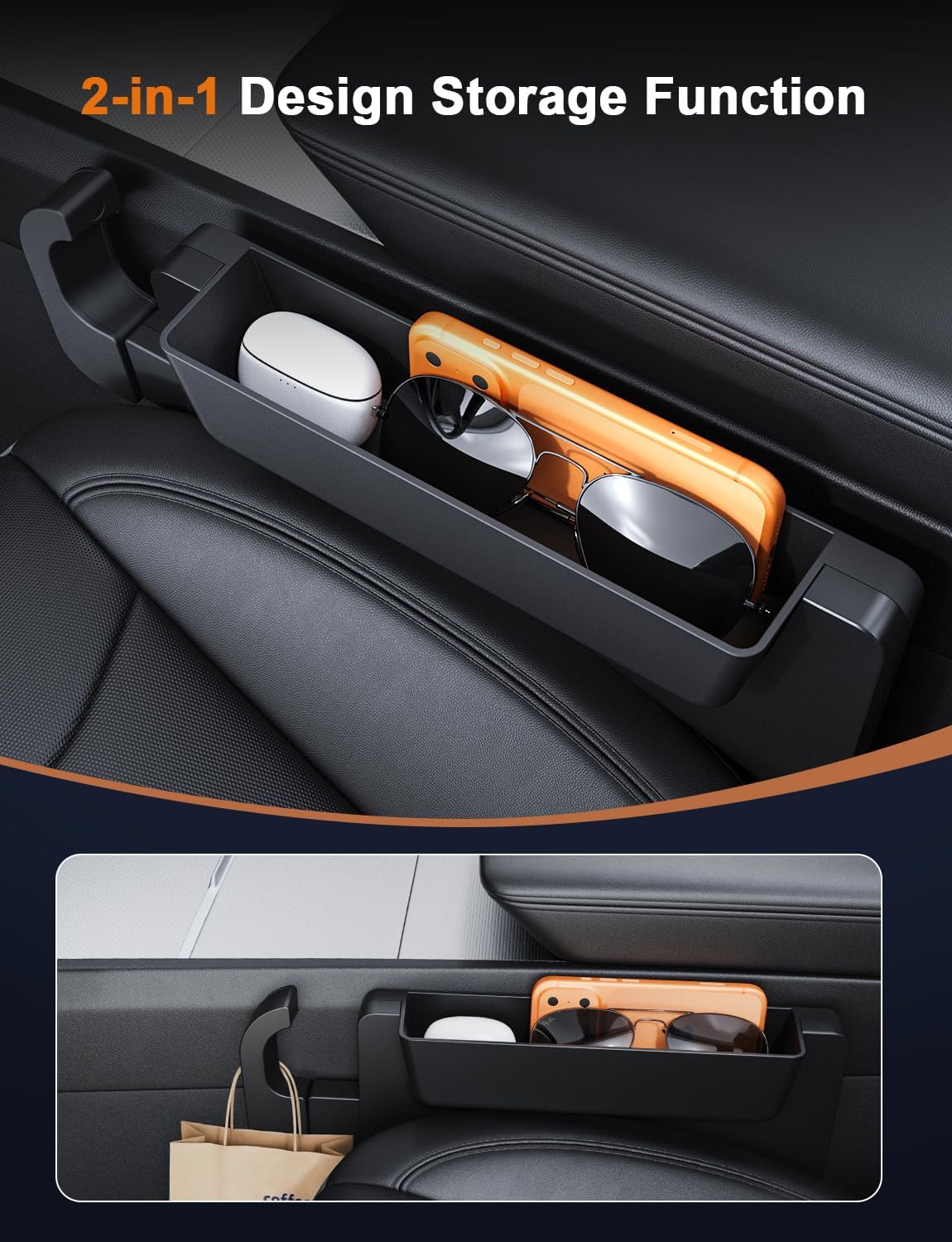 2-in-1 Car Steering Wheel Desk & Table Tray, Seat Gap Filler Organizer - Detachable Two-Piece Slide-Together Laptop & Eating Tray, Adjustable Supports & Hooks, Fits Most 3-Spoke Round Wheels