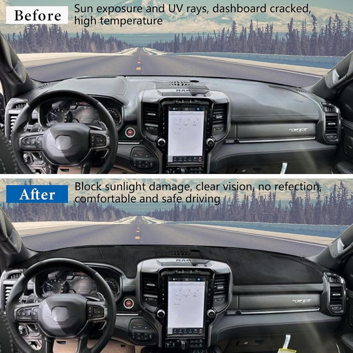 Flannel Dashboard Cover Dash Cover Mat Compatible with Dodge Ram 1500 2500 3500 2019-2024 2025 Accessories Center Console Dash Board Cover Protector Sunshade Windshield Glare Black