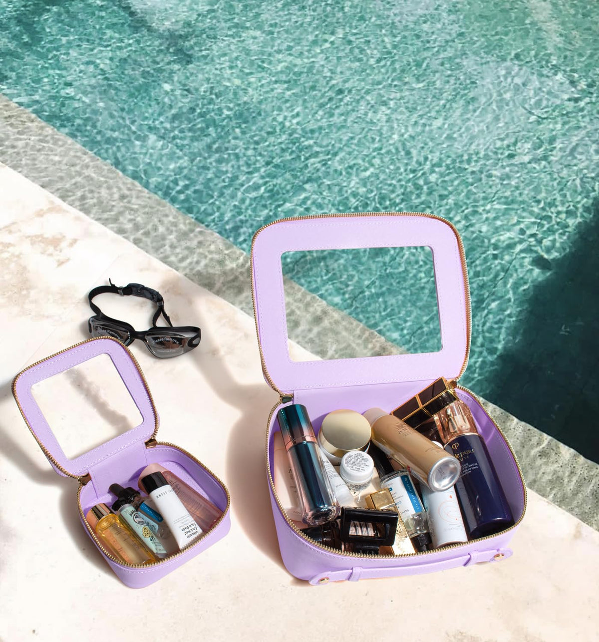 LETGO Clear Sunscreen Makeup Bag Organizer,Travel Toiletry Bag Cosmetic Case for Women,Portable Beach Make Up Skincare Pouch Car Organizer Bag with Zippers for Essentials(Large-Purple)