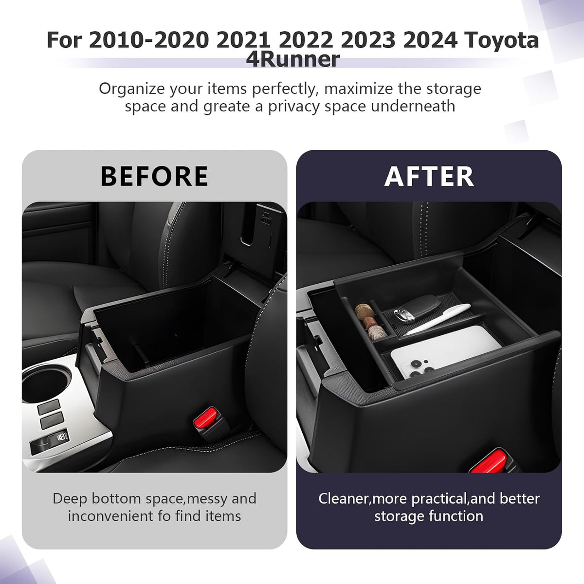 LUWU Center Console Organizer Tray Compatible with 2020-2025 2026 Kia Telluride/2010-2021 2022 2023 2024 Toyota 4Runner Accessories Armrest Console Organizer Armrest Organizer Insert Tray Black
