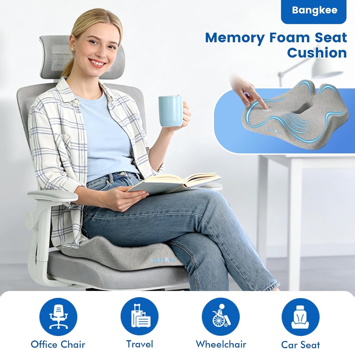 18x16 Inch Memory Foam Seat Cushion for Office, Car, Travel | Grey Chair Cushions with Removable Cover, Non-Slip Bottom and Carry Handle