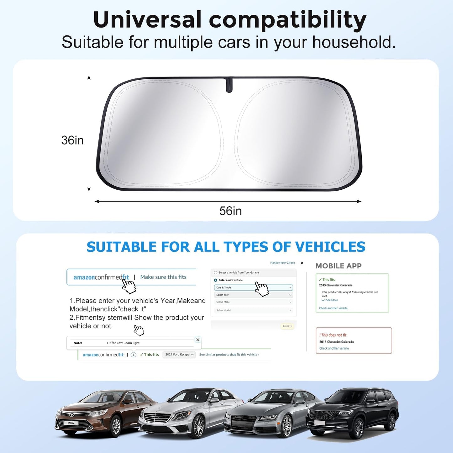 [Upgrade] DooGooCoo Windshield Sun Shade - Medium, Sunshade for Car Windshield [100% Sunlight & UV Block] Car Sun Shade Windshield Protect & Keep Car Cooler Foldable Front Windshield Shade (64x32 in)
