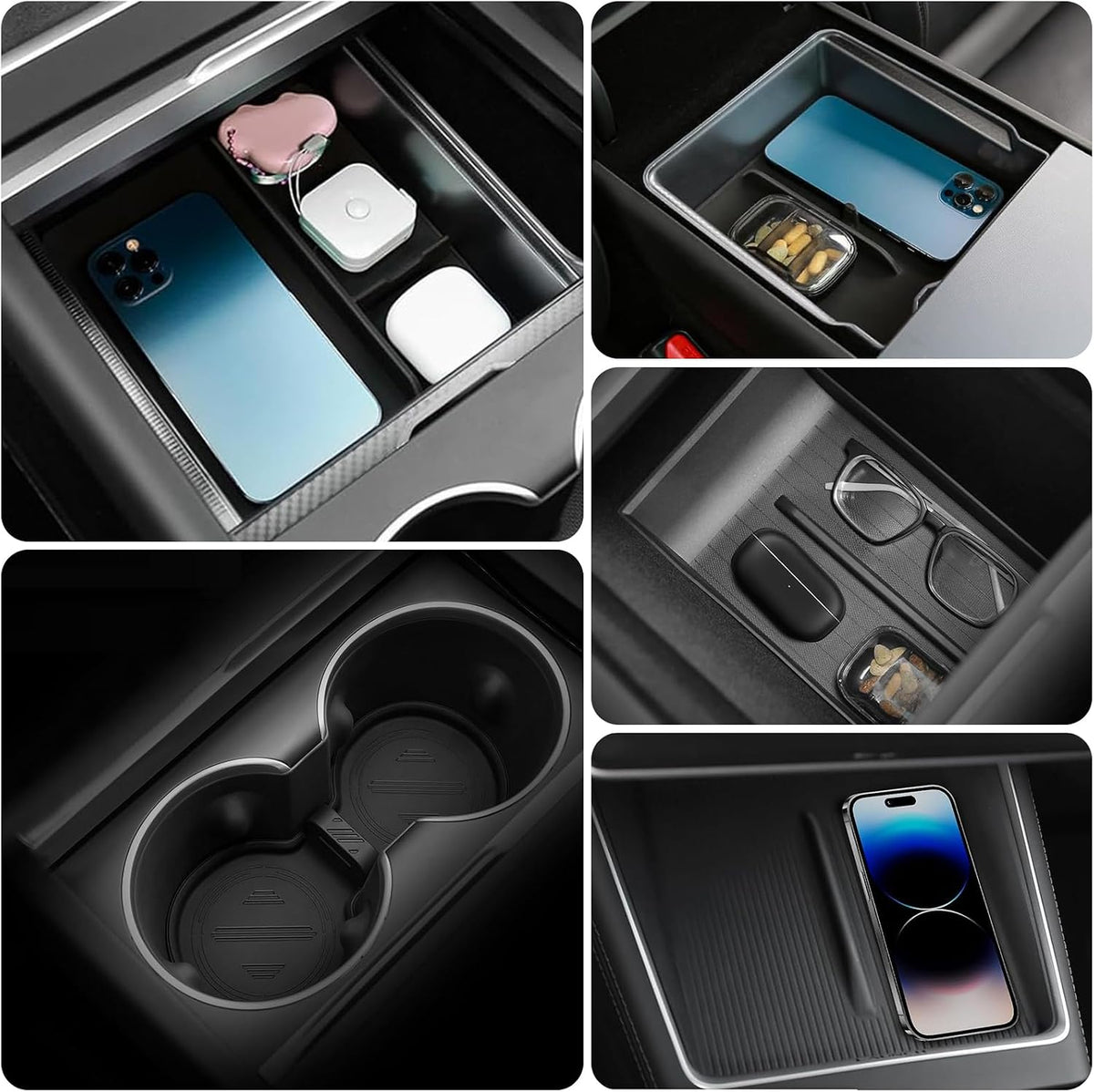 7PCS Center Console Organizer Kit for Tesla New Model Y Juniper, Double Layer Space Upper Lower Center Console Trays, Silicone Cup Holder and Charger Pad, Armrest Hidden Storage Box