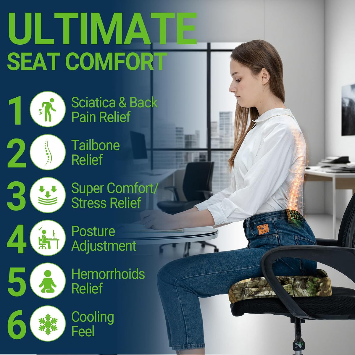 Season Guard Gel Memory Foam Seat Cushion for Tailbone Relief, Mossy Oak
