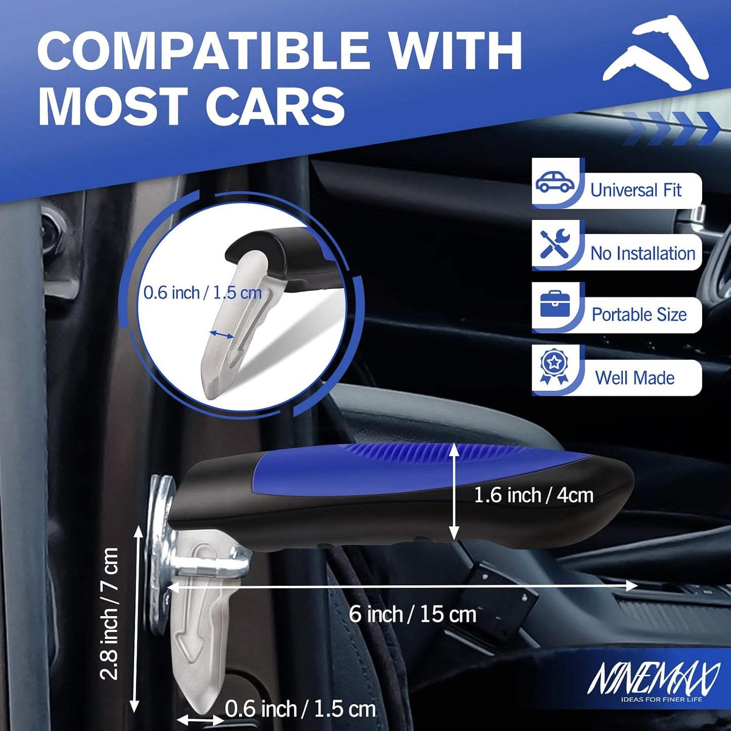 NINEMAX Car Door Assist Handle for Elderly & Handicap, (1 pc with Strap) | Stable Support for Easy Vehicle Entry, Universal Fit for Most Cars, Lightweight & Portable, Non-Slip Grip, Tool-Free Setup
