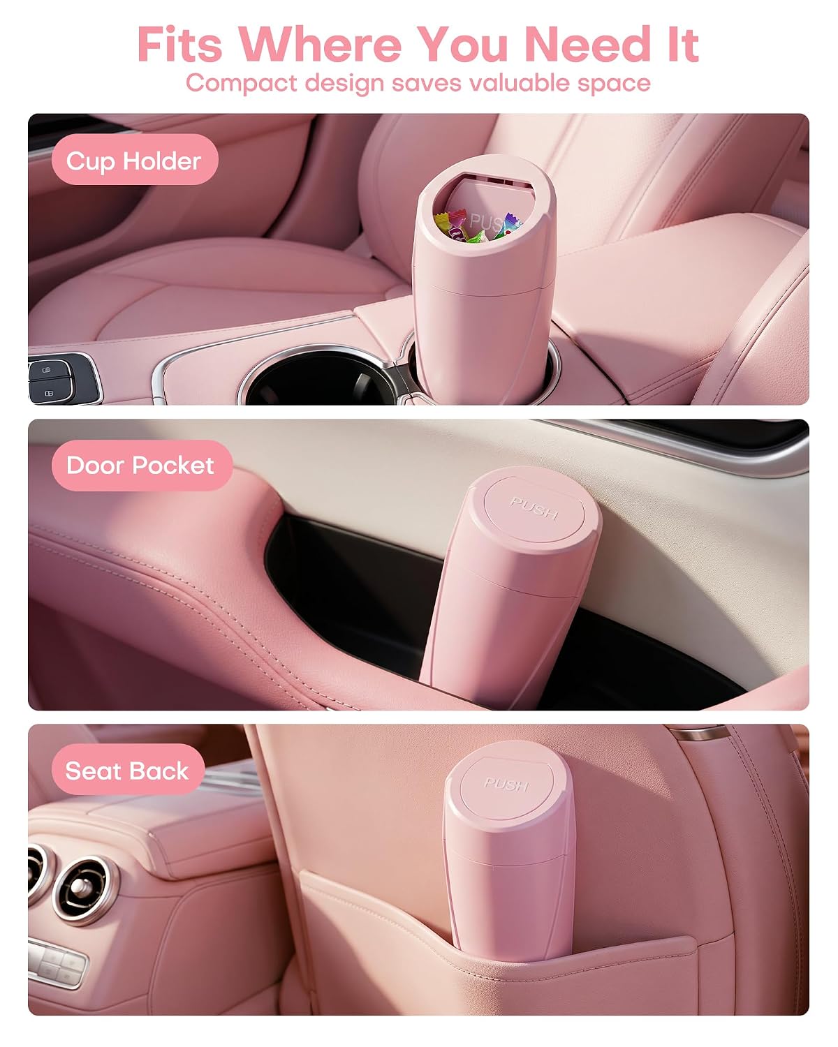 HOTOR Car Trash Can, Pink Car Garbage Can with Lid, Bonus Bags, L(2 Pack)