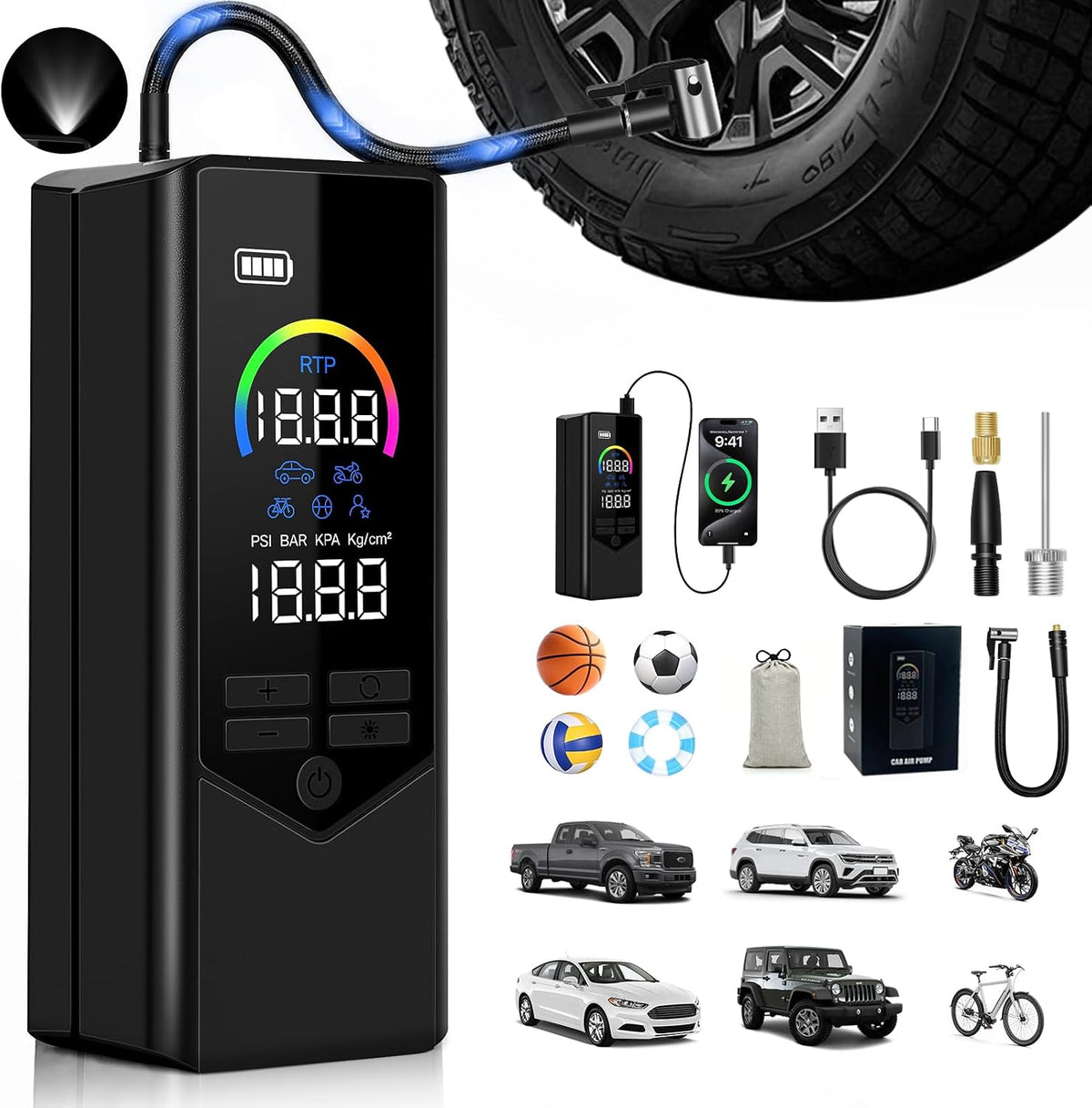 7500mAh Tire Inflator Portable Air Compressor 150PSI Air Pump for Car Tires