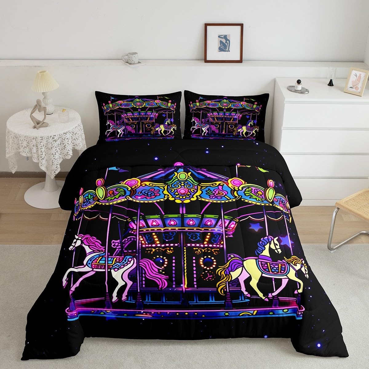 Amusement Park Circus Theme Bedding Set Full Size,Kids Carousel Comforter Set Girls Boys Teens Room Decor Cartoon Animals Horse Print Quilt Set Romantic Dreamy Black Purple Duvet Insert,2 Pillowcases