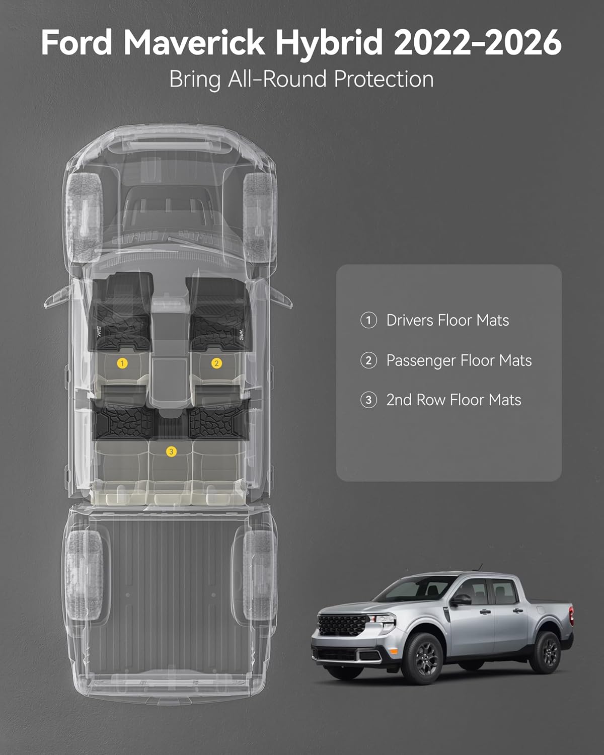 3W Floor Mats Fit for Ford Maverick Hybrid 2022-2025 2026, TPE All Weather Custom Fit Floor Liner Car Accessories 1st and 2nd Row Full Set Car Liners (Only for Hybrid)