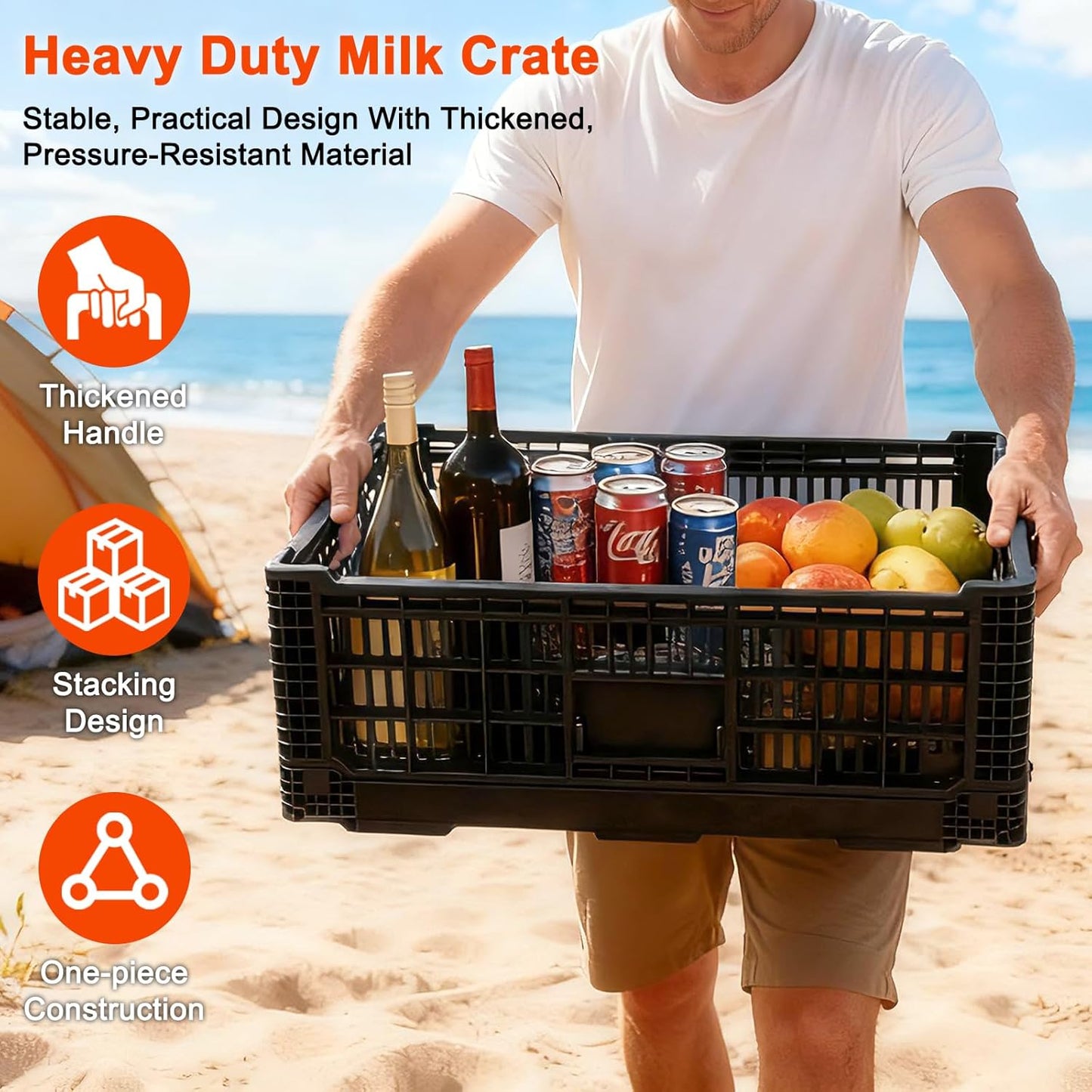 52L Milk Crate, Plastic Storage Crate with Handles, | Hold 130 lbs Per Bin, Large Collapsible Storage Bins for Home Organizing, Tools, Books, Camping & Transport