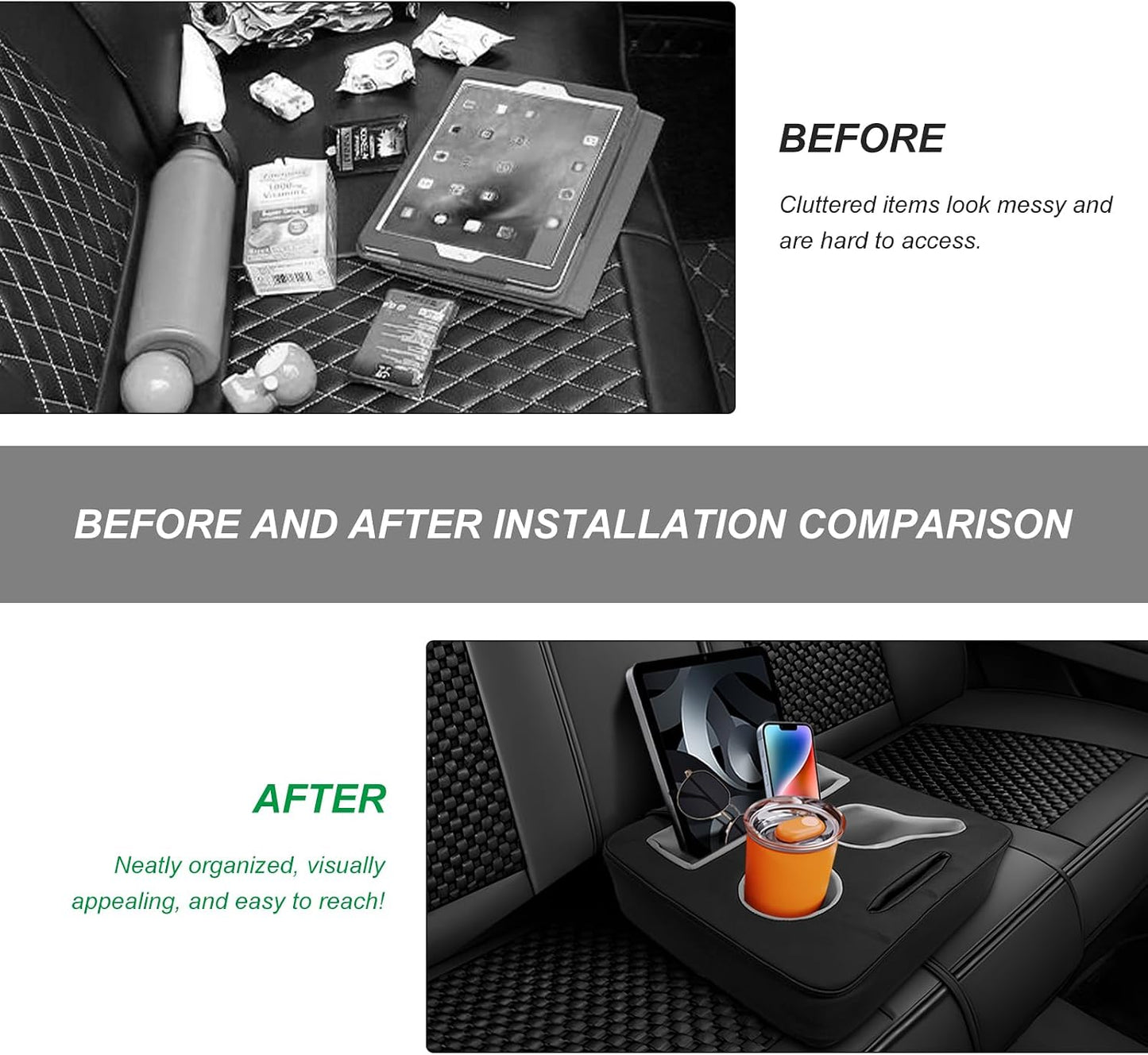 Sun Walker Back Seat Cup Holder for Car, Waterproof Rear Seat Organizer Expander Tray to Store Phone Drink Snack, Universal Leather Cup Holder Pillow for Truck RV Boat Sofa Bed (Black)