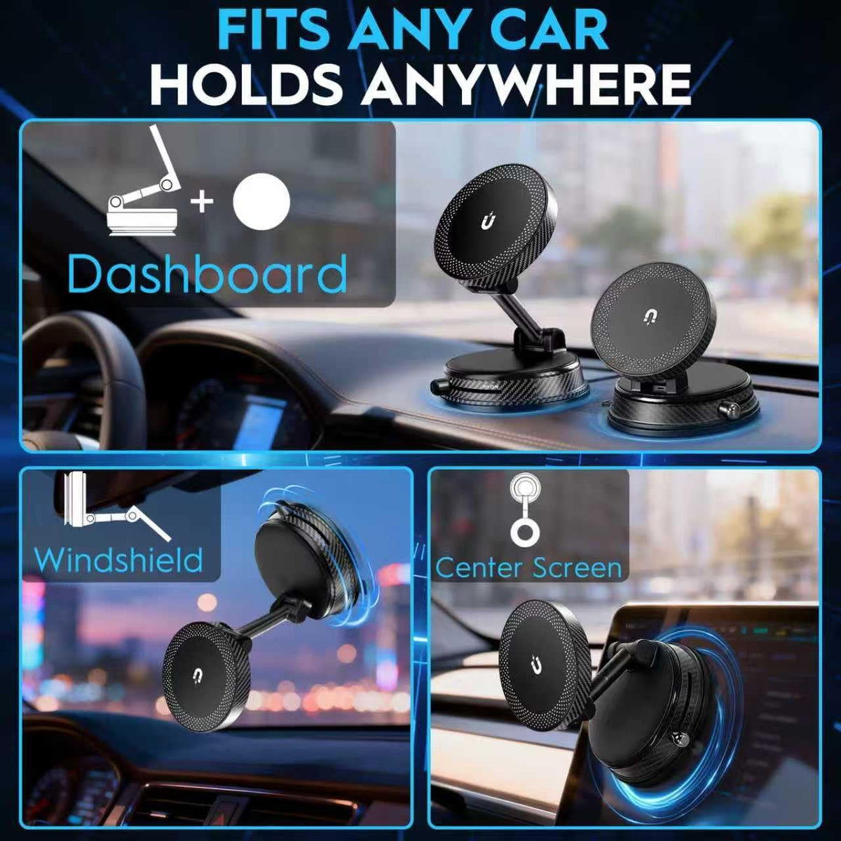 Magnetic Car Phone Holder for MagSafe, 15W Wireless Charging, 360° Adjustable Dashboard Mount, Compatible with iPhone 12-17 & Android (Black)