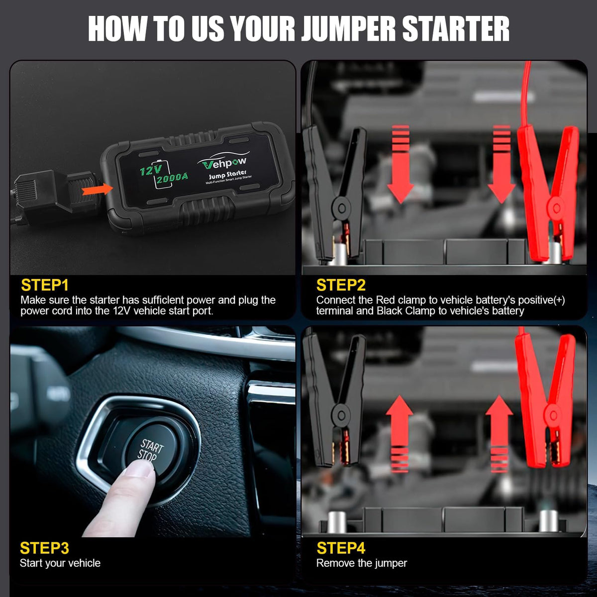 Car Battery Jump Starter 2000A 12V for 8.0L Gas and 6.0L Diesel Engines