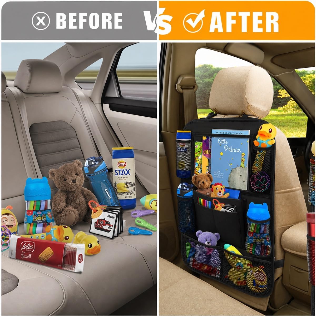 ULEEKA Car Backseat Organizer with 10" Table Holder, 9 Storage Pockets Seat Back Protectors Kick Mats for Kids Toddlers, Travel Accessories, 2 Pack