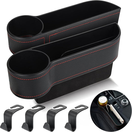 2 Set Car Seat Gap Organizer, Car Gap Filler Storage Boxes, PU Leather Front Seat Console Side Pocket Bags with Cup Holder 4 Hooks, Automotive Storage Box for Phone, Drinks, Cards, Sunglasses, Black