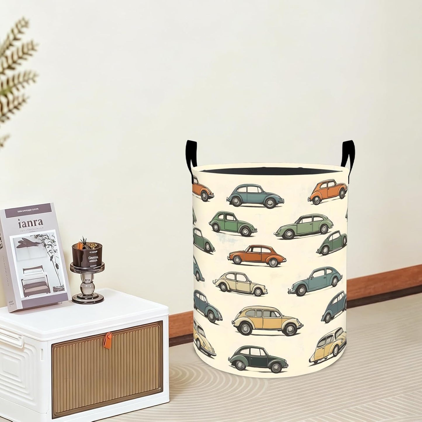 Classic Car Laundry Basket Vintage Vehicle Cartoon Waterproof Oxford Fabric Cloth Storage Hamper, 19.7x15.7 Inch Retro Auto Portable Dirty Baskets Decor Gifts for Living Room Bathroom