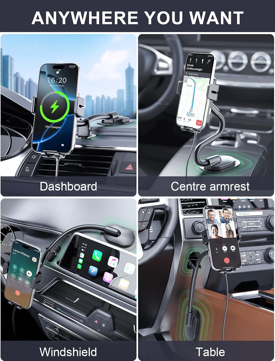 Wireless Car Charger Adjustable Gooseneck Dashboard Car Mount Fast Charging