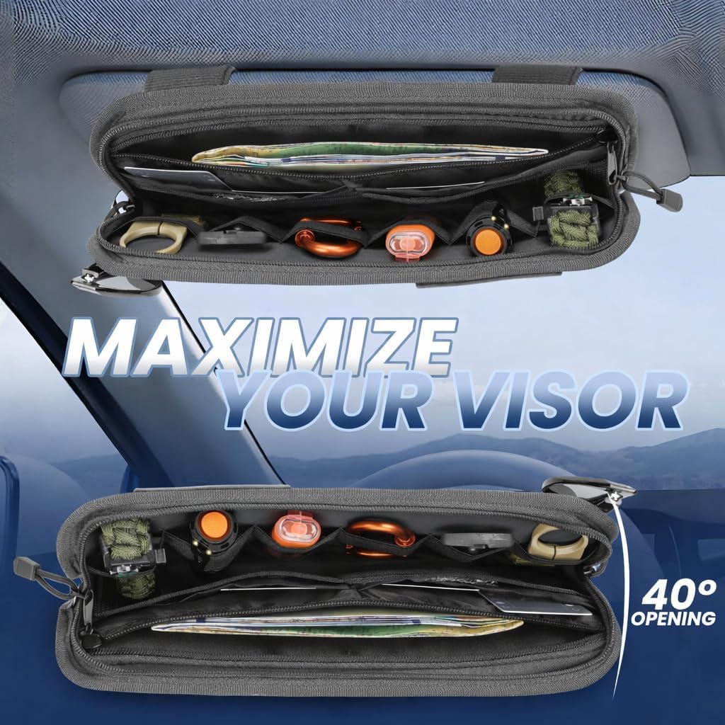LEPHYON Molle Visor Organizer for Car, 1000D Polyester Heavy Duty Car Visor Organizer with Sunglasses Holder, Pockets, Adjustable Straps, Perfect Truck Accessories, Pickup Patrol Gear Storage (Grey)