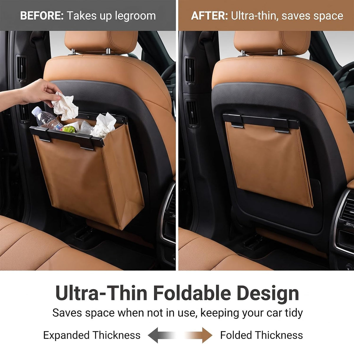 Magnetic Car Trash Can, Leakproof PU Leather Car Garbage Bin, Waterproof Vehicle Waste Basket, Foldable Multi‑Purpose Car Storage Organizer, Universal for Car Truck SUV Van (Black)