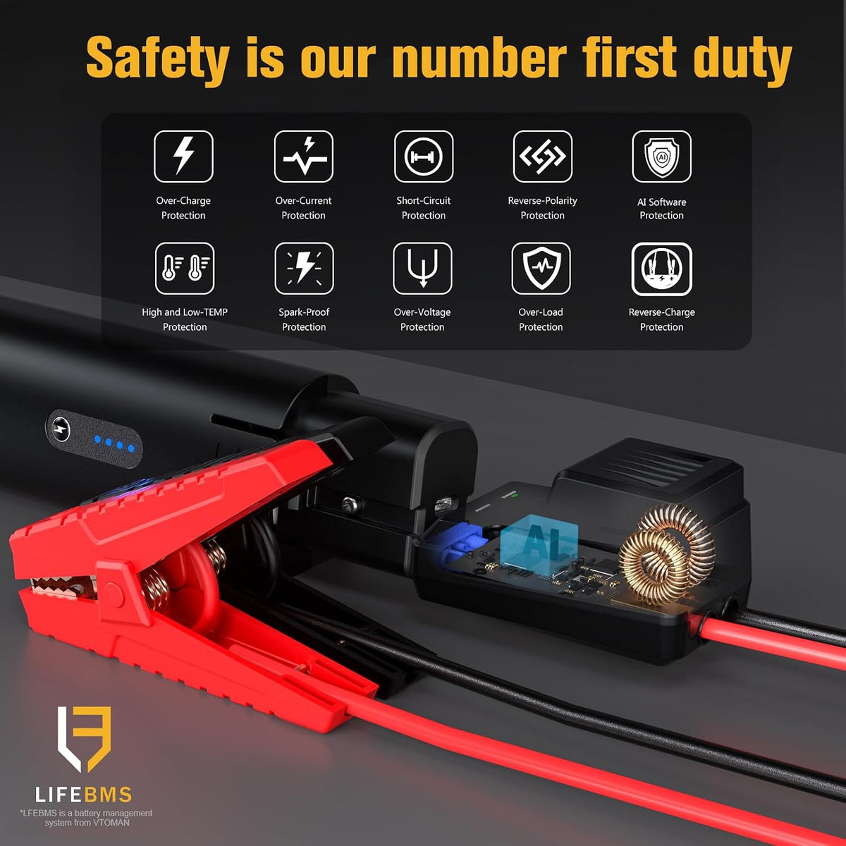 VTOMAN Portable Jump Starter Cable with Indicator & Boost Button