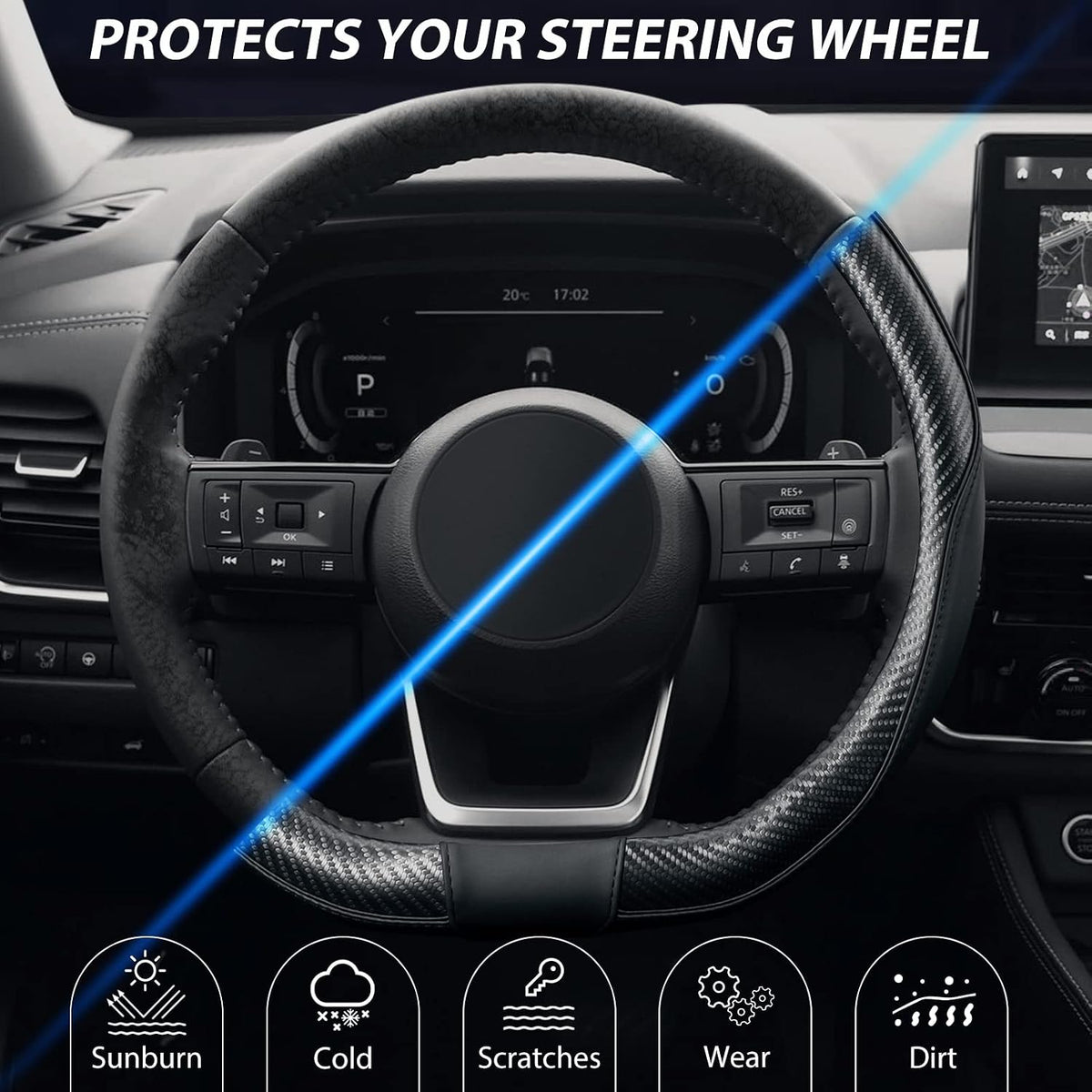 SEG Direct D Shaped Steering Wheel Cover 14.5-15 inch, Black Carbon Fiber