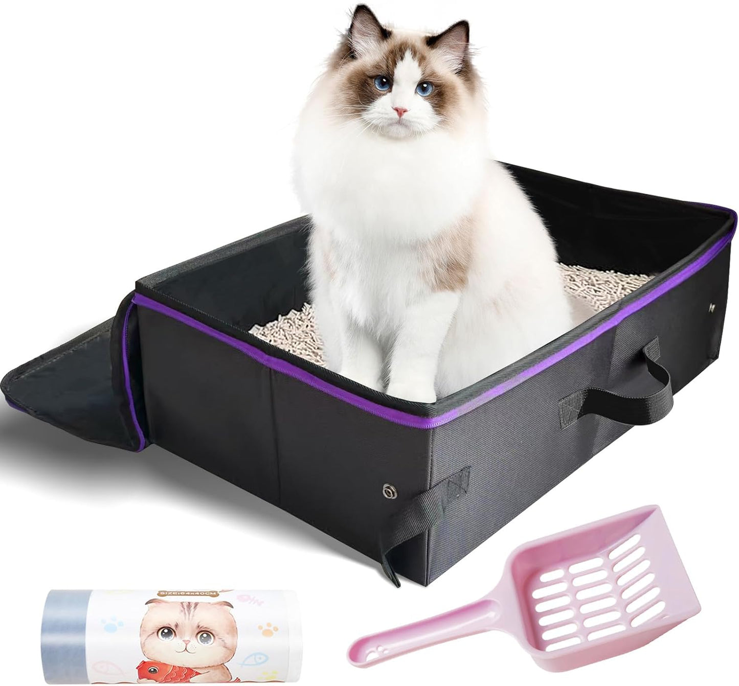 20x14x6.5 Inches, Large Portable Cat Travel Litter Box with Zipped Lid & 10 Liners, Leak-Proof, Lightweight, Sturdy & Waterproof and Foldable Travel Cat Litter Box for Hotels, Car, & Camping