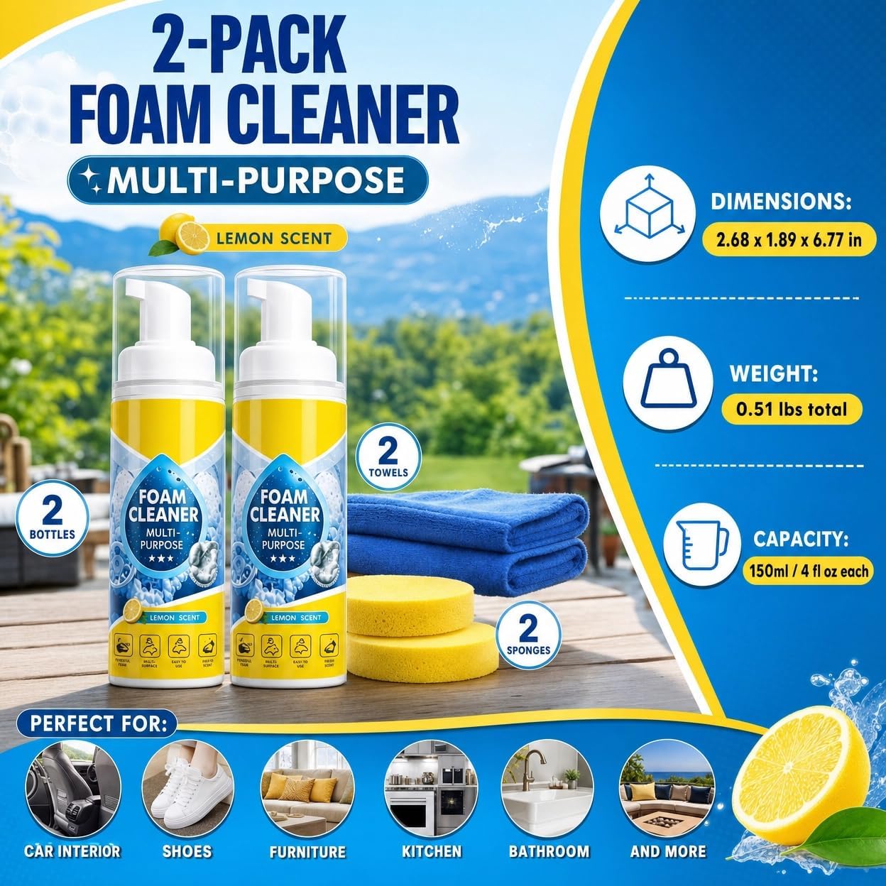 Car Interior Foam Cleaner Kit, No-Rinse Spray, 2 x 4 fl oz | 2 x 4 fl oz no-rinse car interior foam cleaner kit with 2 towels and 2 sponges for dashboard, seats, carpet and upholstery