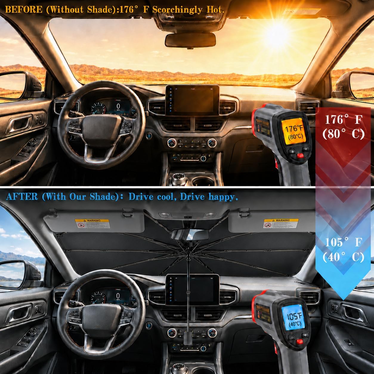 Car Windshield Sun Shade Umbrella, Universal Fit Mid-Large Sedans & SUVs | 57 x 31", Foldable UV Heat Blocking Front Window Sunshade with Rearview Mirror Cutout, Angry Red Eyes