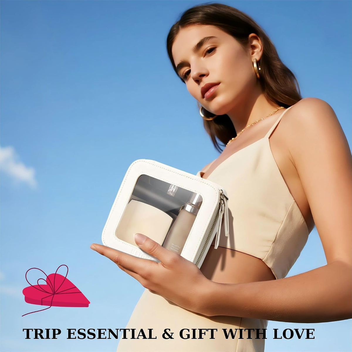Small Clear Makeup Bag for Purse, Travel Cosmetic Case, Ivory, Mini