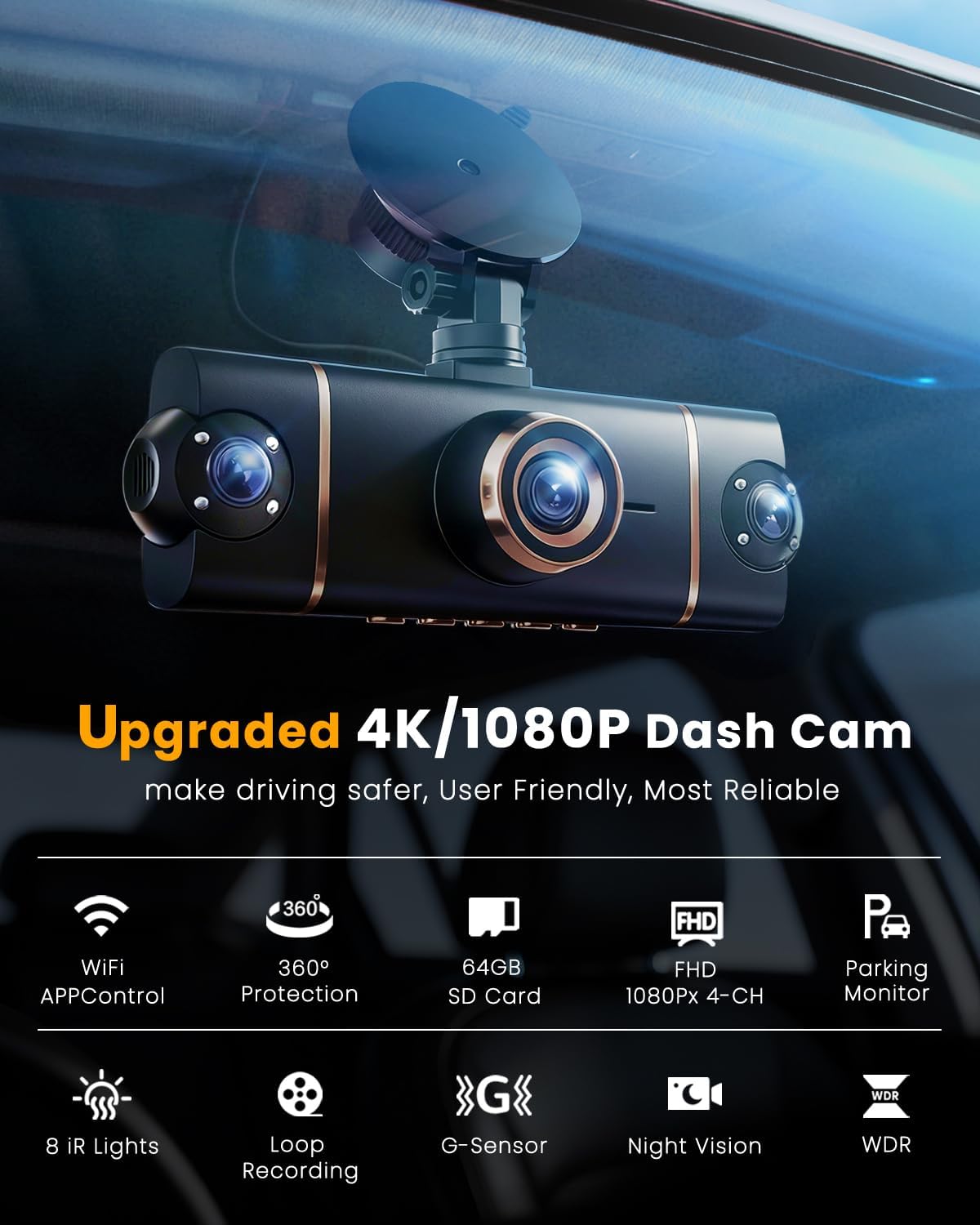 4K Dash Cam Front and Rear, WiFi Dash Camera for Cars with App