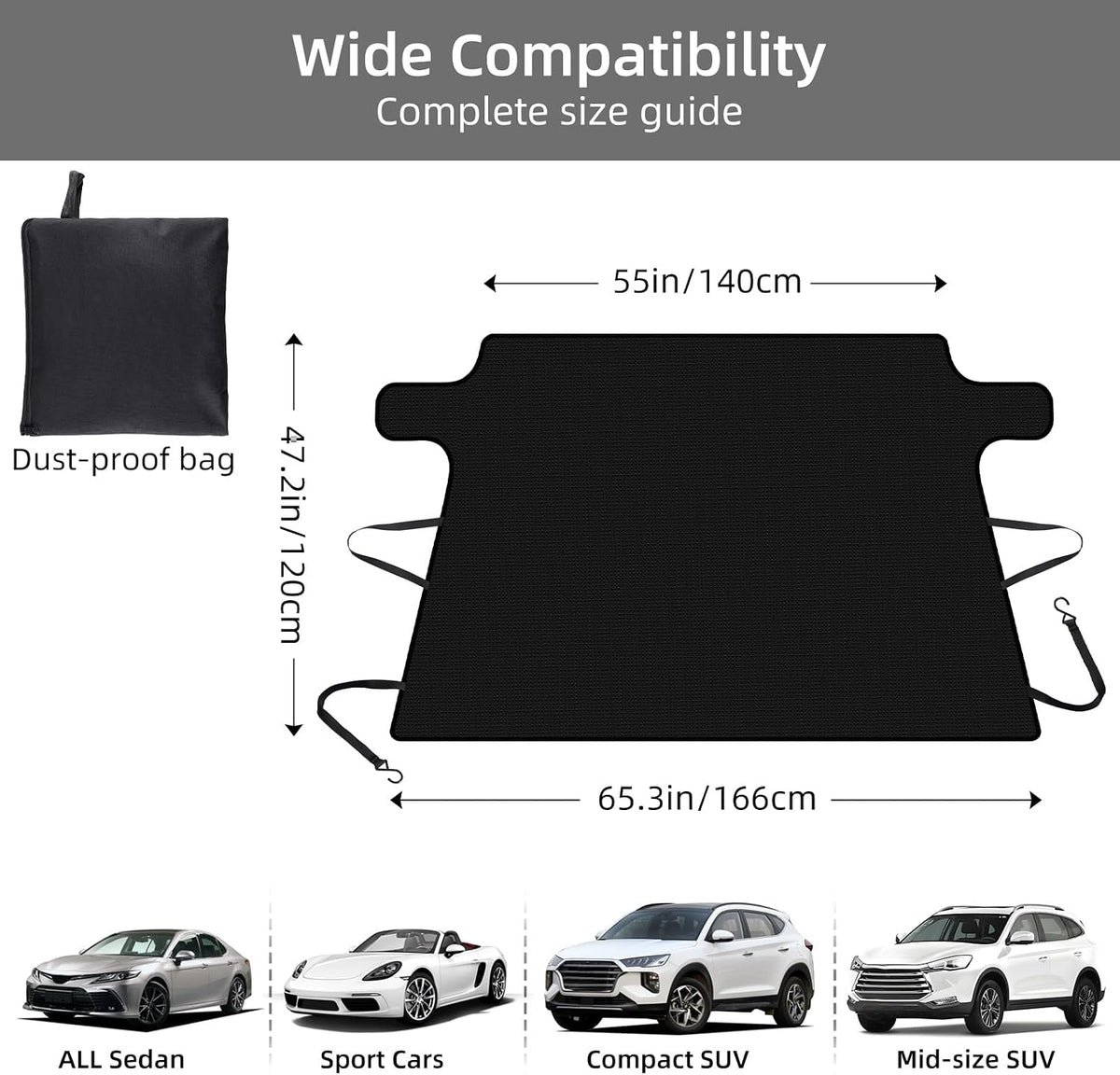 RUPSE Magnetic Windshield Cover for Ice and Snow - Heavy-Duty 900D Oxford Fabric, Quick Snow Removal, Super Waterproof, Suitable for Most sedans, Cars and SUVs