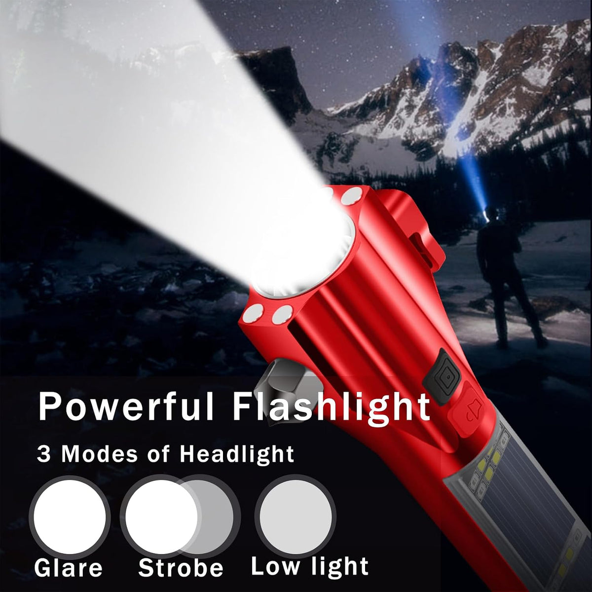 Car Glass Breaker Hammer with Flashlight, Multi-Function Rechargeable Emergency Escape tools with Window Breaker and Seatbelt Cutters,Bright Solar Torch， RescueAlarm Rescue, Strobe SOS Beacon