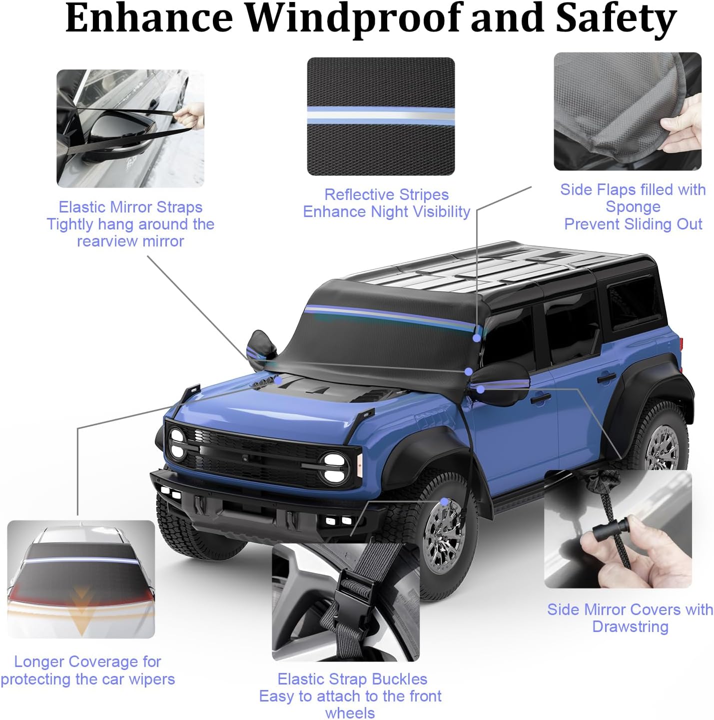 Windshield Cover for Ice and Snow, 600D Car Windshield Cover with Mirror Covers, Upgraded Windproof Includes Elastic Buckles, Frostproof & Dustproof, Fits for Large SUVs Pickups Trucks Vans (78"x 50")
