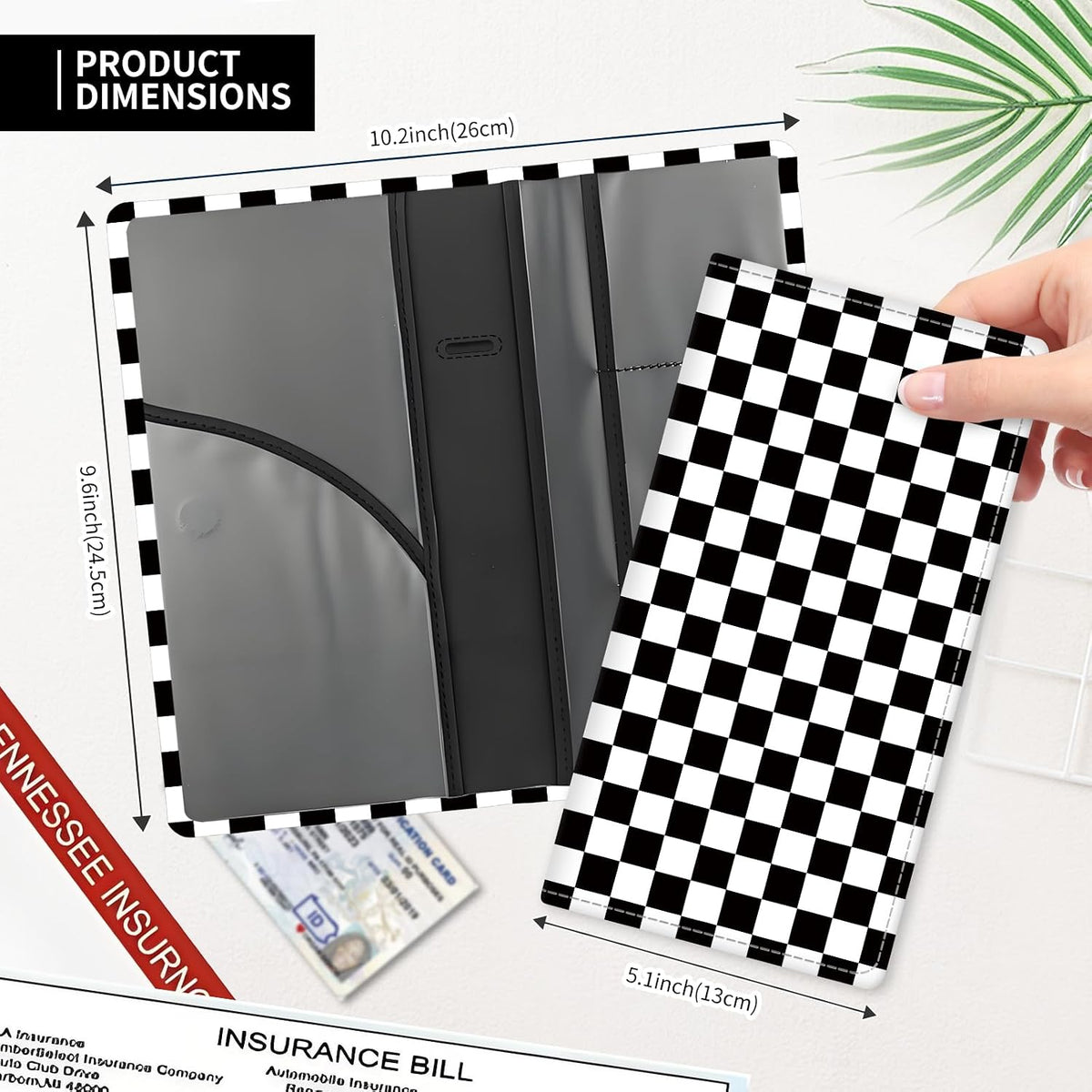 Leather Car Registration and Insurance Card Holder, Cute Car Accessories Vehicle Glove Box Car Organizer for Documents, Cards, License Black White Checkerboard