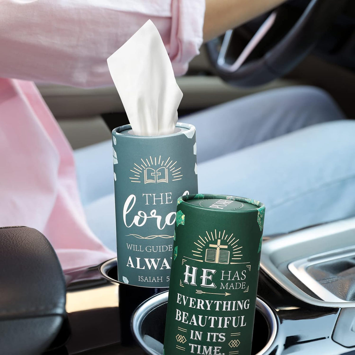 PerKoop 8 Pcs Car Tissue Holder Christian Verses Cylinder Boxes with Facial Tissue Bulk Religious Disposable Round Bible Napkins for Women Teacher Prayer Nurse Mother's Day Holiday Supplies Gifts