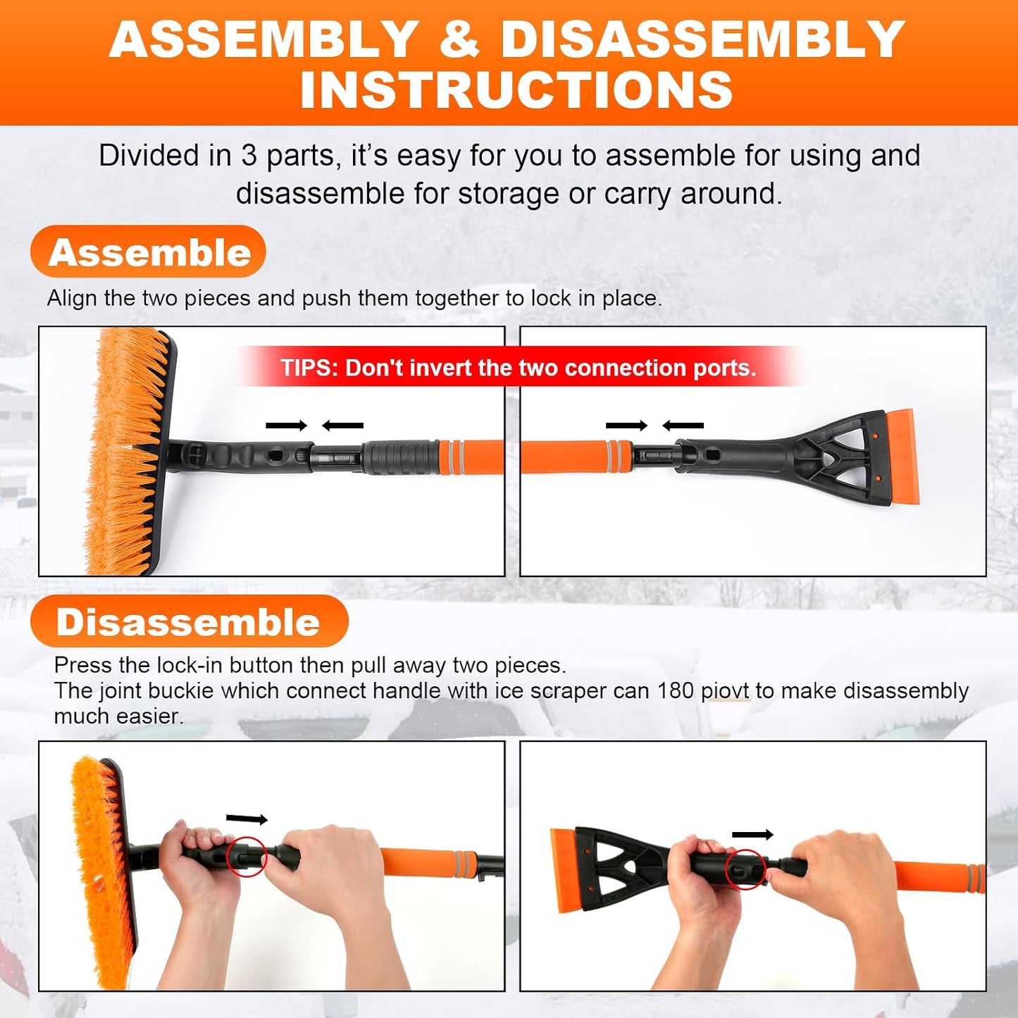 BFONS Ice Scrapers for Car Windshield, 2-in-1 Snow Scraper and Snow Brush for Car SUV Truck, Car Ice Windshield Scraper for Ice and Snow with 360° Pivoting Brush and Ergonomic Foam Grip Orange