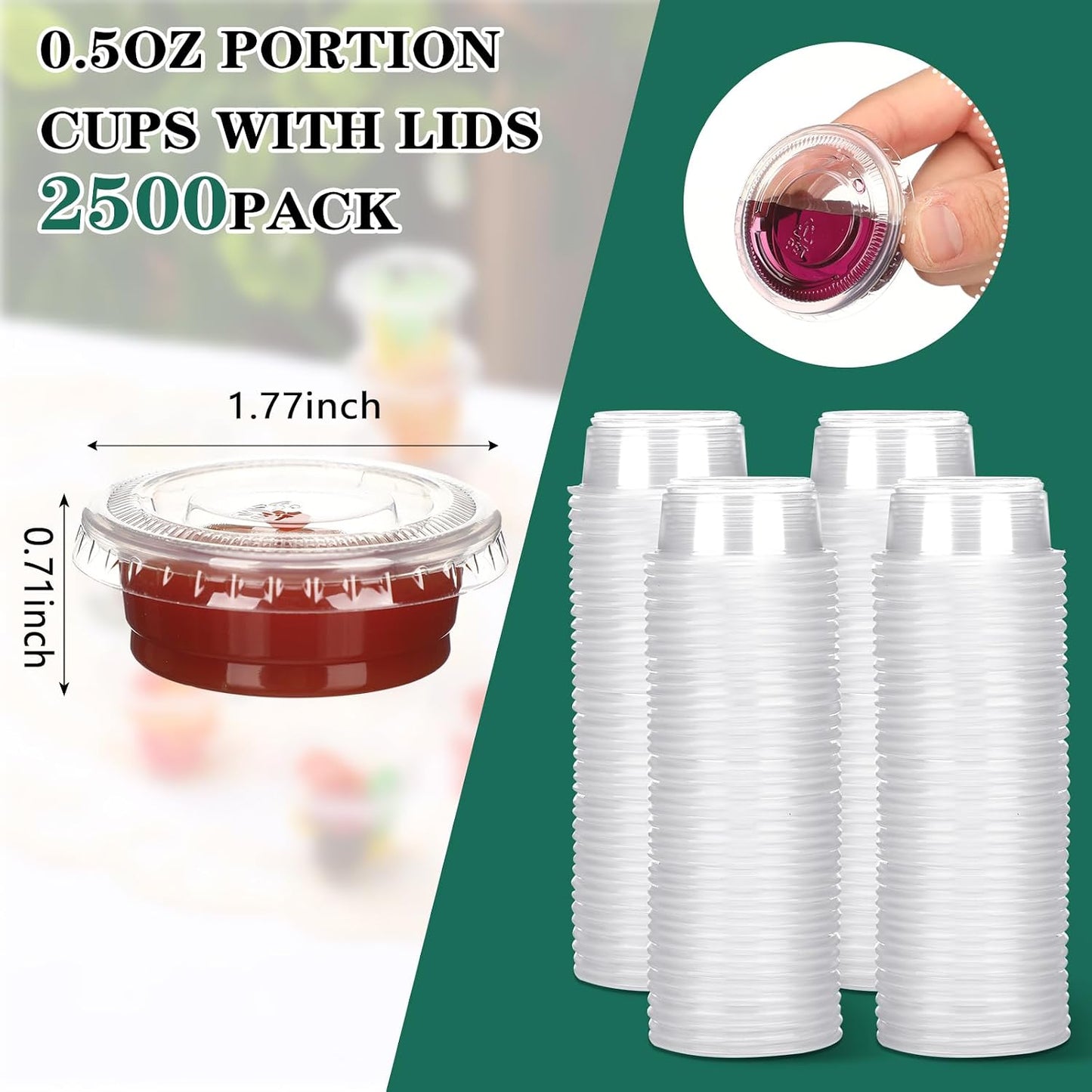 Bokon 2500 Sets 0.5 Oz Clear Plastic Portion Cups With Lids Condiment and Dipping Sauce Container Salad Dressing Container Airtight and Stackable Souffle Cups for Lunch, Party, Trips