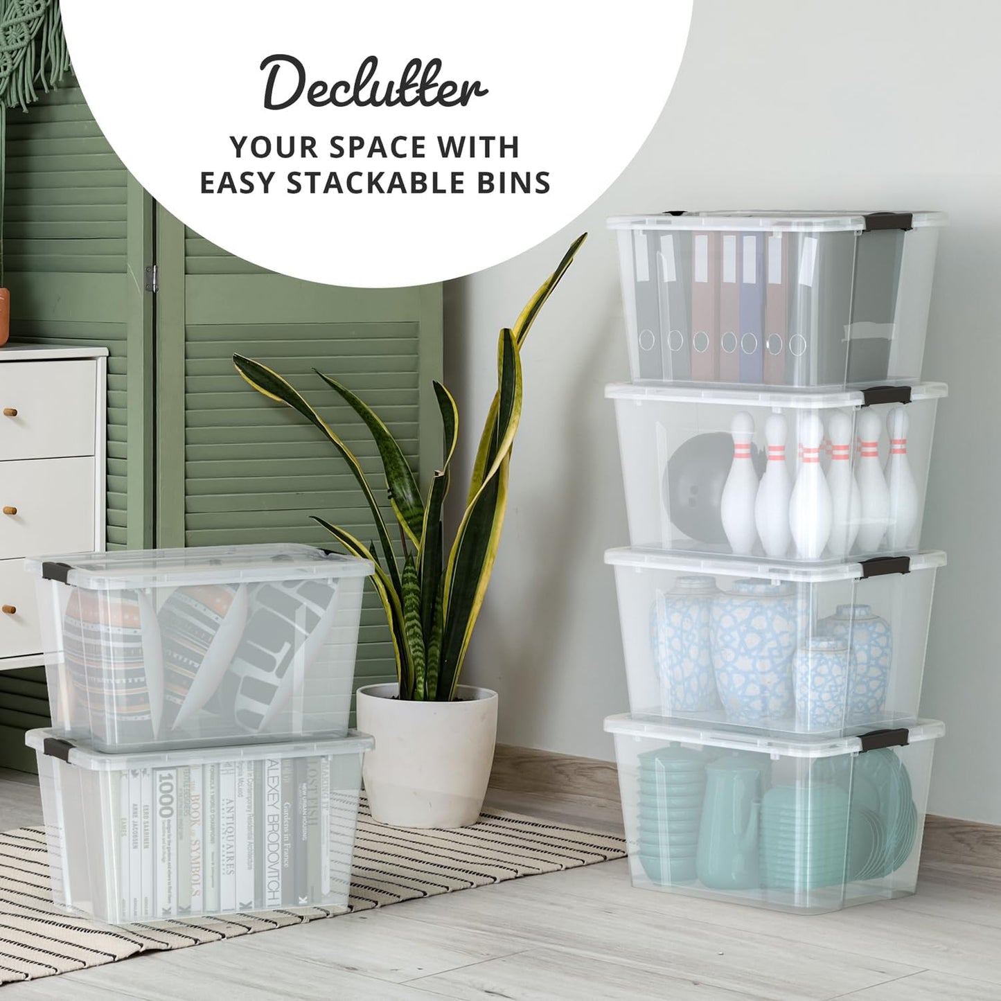 Lifetime Appliance Parts 6 PACK 34 Qt. Plastic Storage Bin Tote Organizing Container with Ultra Durable Lid & Secure Latching Buckles Stackable Extra Strength Clear w/Black Handle