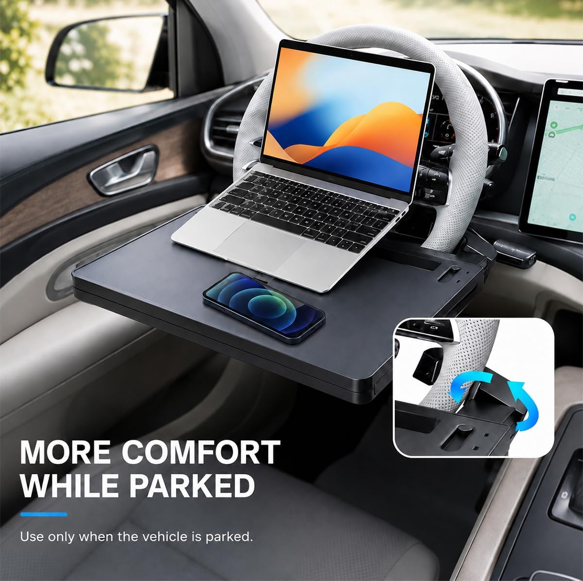 2 in 1 Car Large Steering Wheel Desk, Adjustable Auto Steering Wheels with Dual Slide-Out Trays, Foldable Wheel Table Tray Laptop Holder for Most Cars Trucks SUVs Vans (Black)
