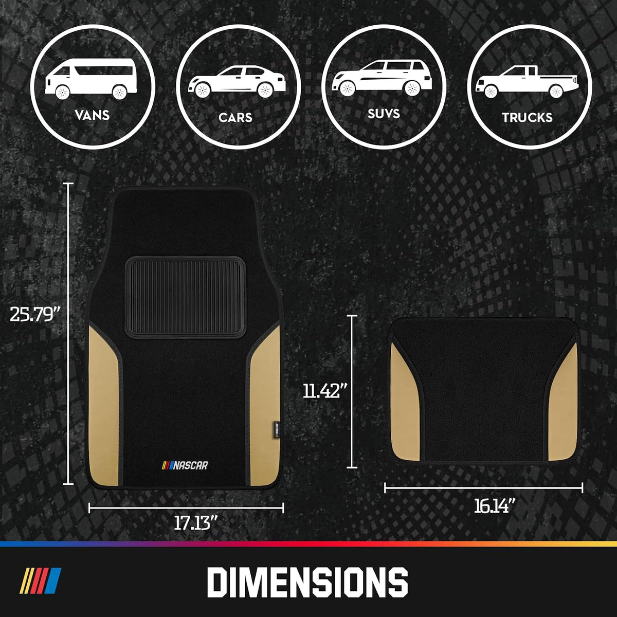NASCAR Car Floor Mats, Carpet & Beige Leather Design Car Mats, Universal-Fit All-Weather Car Floor Mats with Built-in Heel Pad & Anti-Slip Backing, Durable Odorless Automotive Interior Accessories