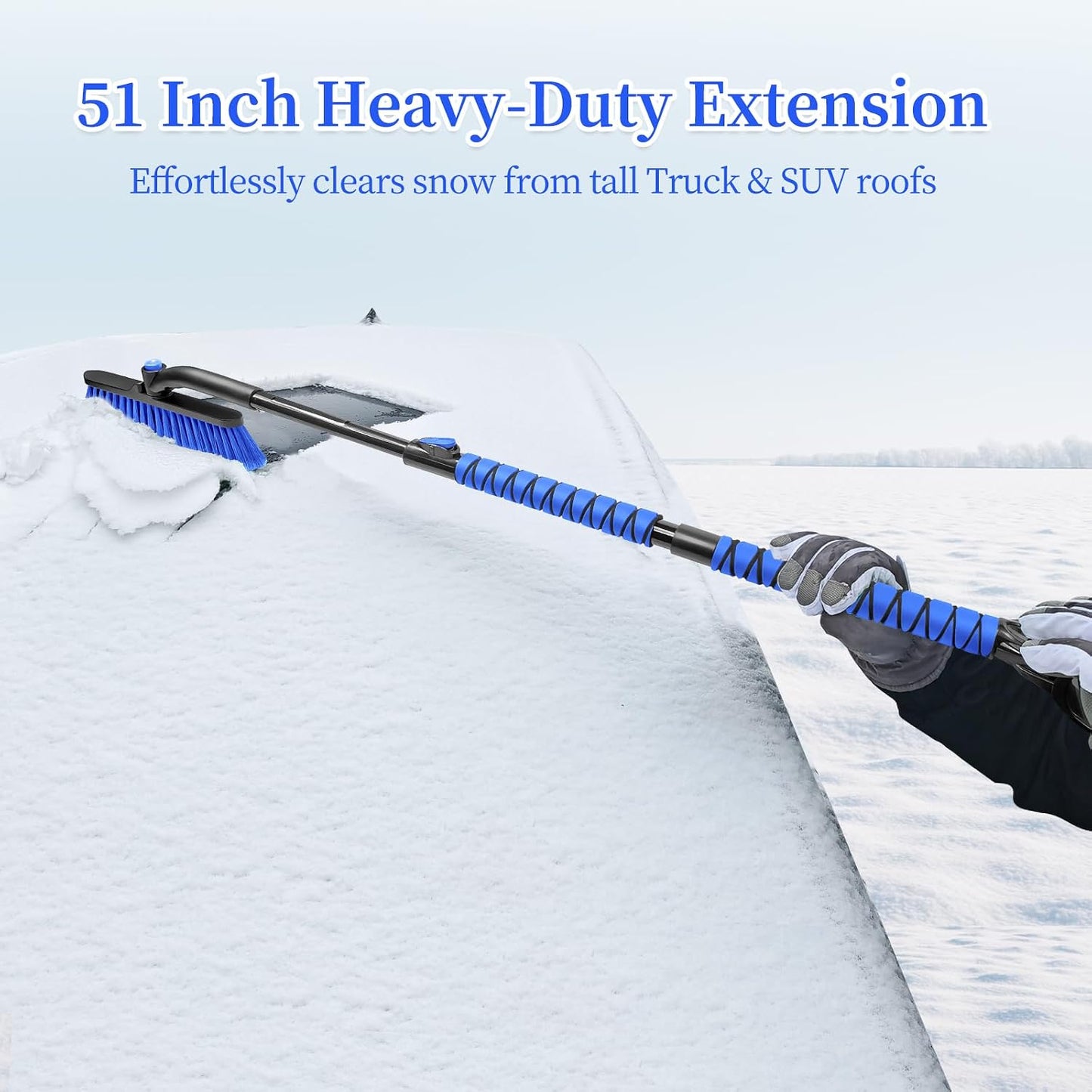 HEEYA 51 Inch Snow Brush for Trucks, Extendable Long Handle Ice Scraper with Brush with Foam Grip, SUV Heavy Duty Snow Brush with Ice Scraper for Car Auto RV Vehicle Windshield Window - Blue