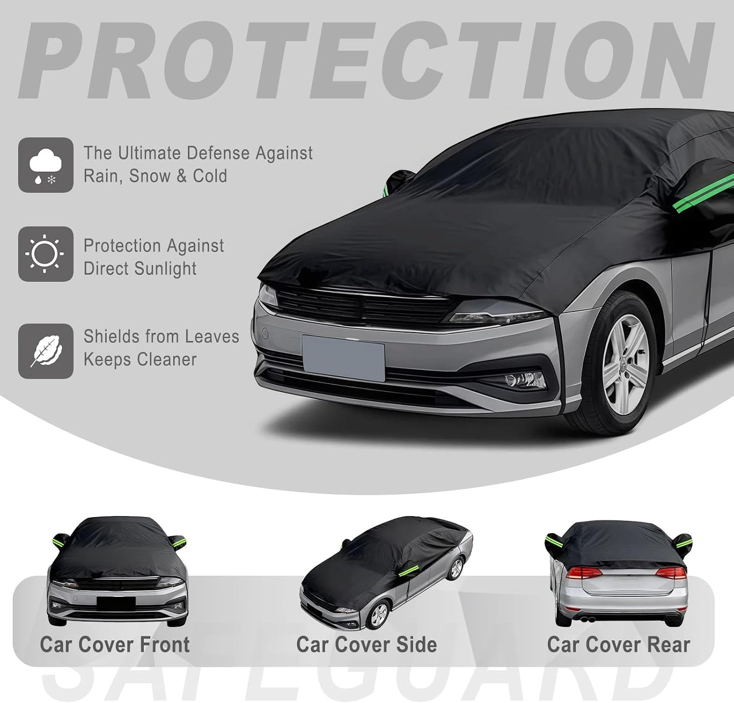Half Car Cover Waterproof All Weather, Sunproof Windshield Cover for Ice and Snow Top with Reflective Straps, Front Rear Window Hail Protector for Sedan (3 XL)