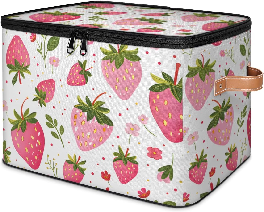 Storage Bin with Lid, Strawberry Stackable Closet Storage Bins, Decorative Bedroom Organizer Box, Lidded Baskets Living Room Storages Boxes Cube Organizer, Cute Container with Handles