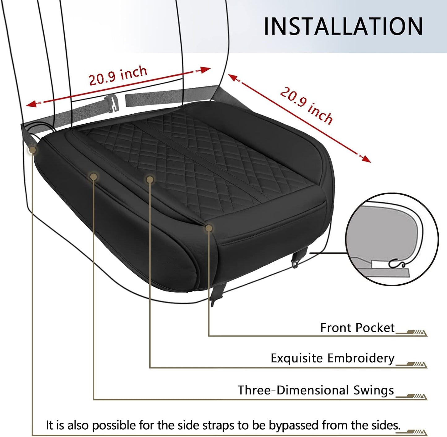 2 Pack Car Seat Cover for Front Car Seat Bottom,Premium PU Leather Seat Cushion Protector Upgraded Without Backrest with Storage Pocket,Full Wrapping Edge Works with Sedan SUV Pickup Minivan (Z BLACK)