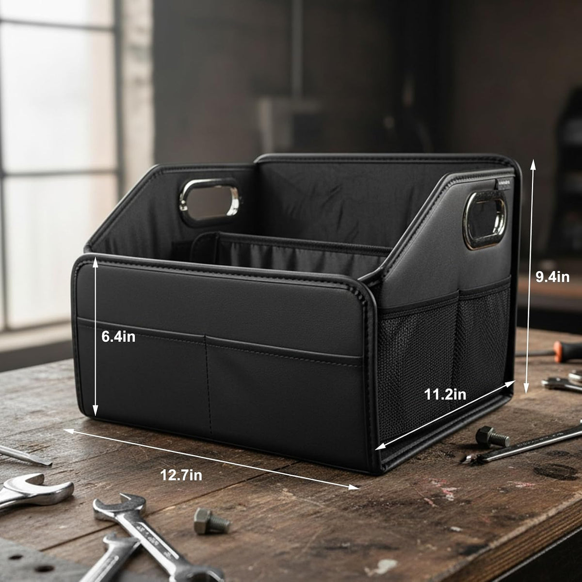 Car Storage Organizer, Large Capacity Foldable Car Caddy Basket with Metal Handle & Movable Divider, Multi-Pocket Trunk Organizer Front Back Seat Storage Box for Most Cars