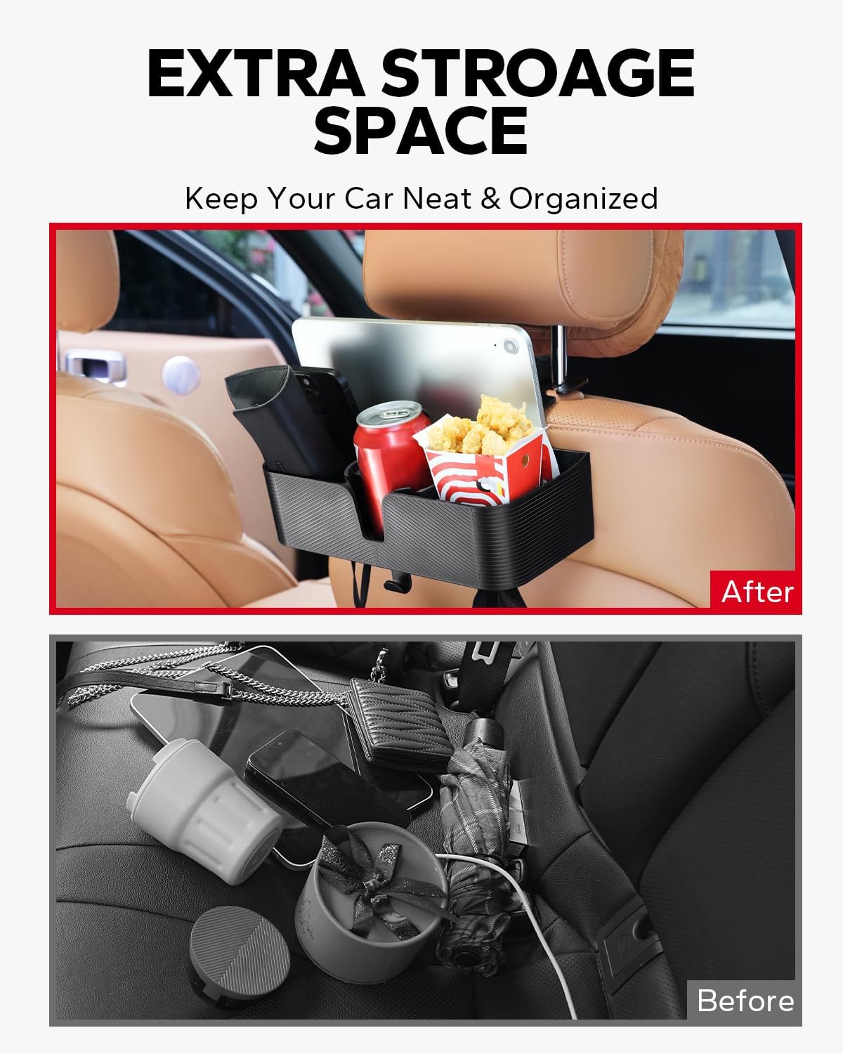Amazicha Car Headrest Backseat Organizer with Hooks, 3 in 1 Seat Back Organizer Headrest with 3.7inch Cup Holder for Car Backseat Travel Accessories, 2PCS
