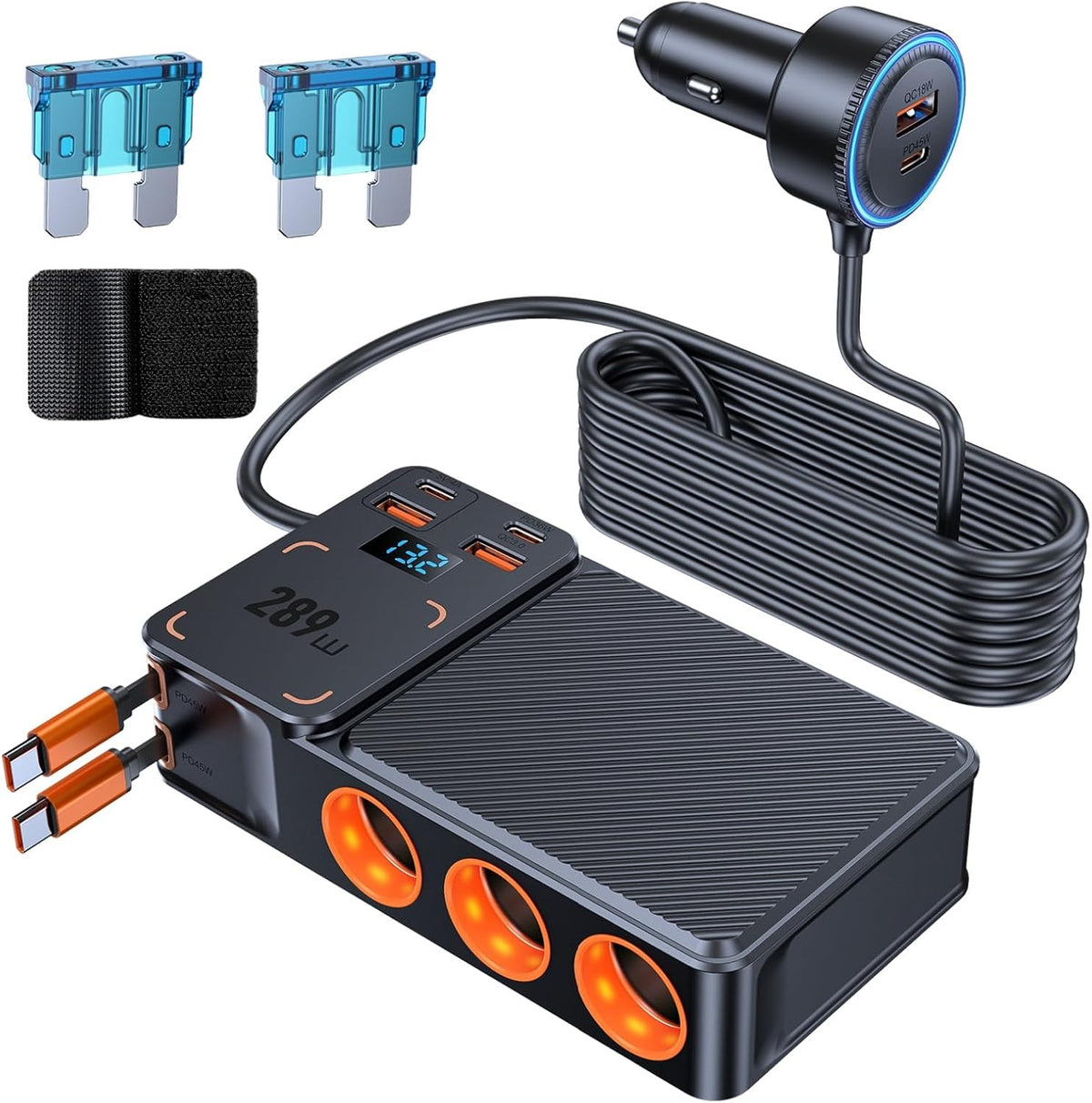 289W 11 in 1 Cigarette Lighter Splitter, 3 Sockets, 8 USB, PD45W *3, QC3.0
