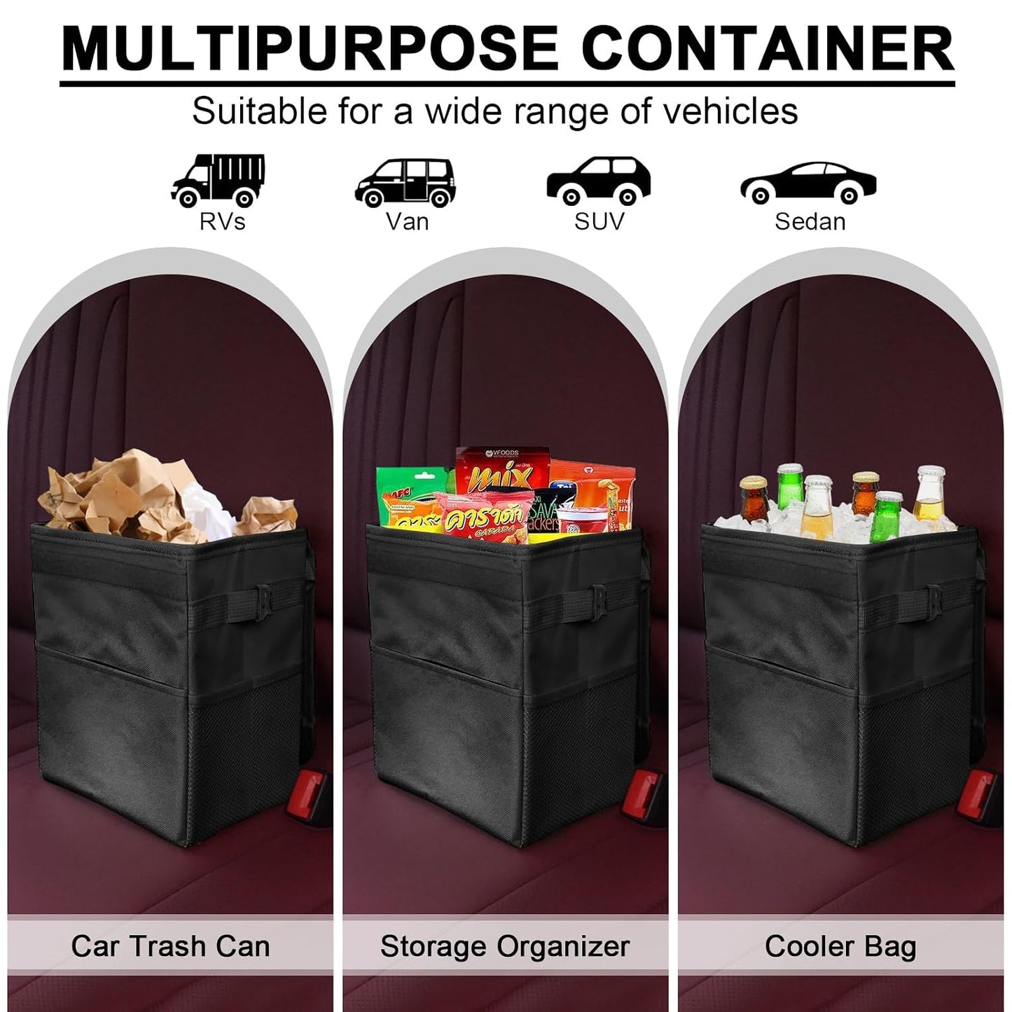 Car Trash Can Bin with Lid - Collapsible Car Garbage Can with Storage Pockets-Black Mini Leakproof Vehicle Trash Bag-Small Automotive Organizers and Storage for Back/Front Seat SUV Truck Accessories