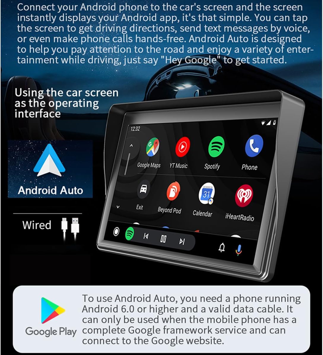 Portable Wireless Apple CarPlay and Android Auto Car Radio, 7 inch Touchscreen Bluetooth Hands Free Call Car Stereo, Mirror Link/AUX/FM Transmitter for All Vehicle&Truck Dash or Windshield Mounted