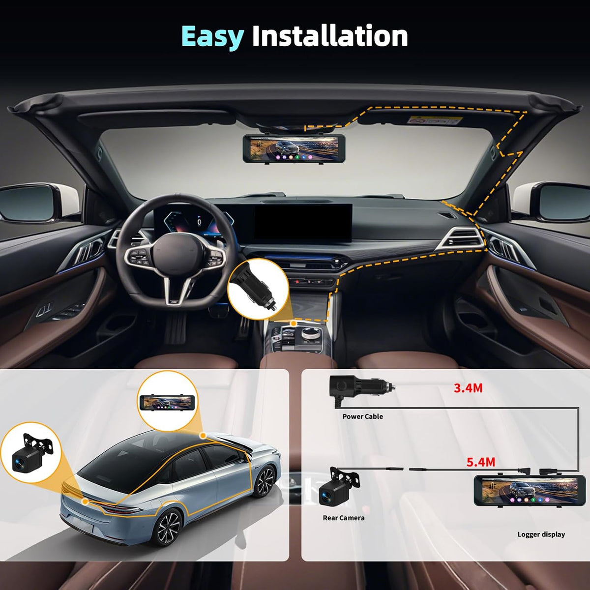 4K Mirror Dual Dash Camera for Car, 10.88" IPS Touch Screen, 4K Front 1080P Rear View with ADAS BSD LCA Wi-Fi APP Control Night Vision G-Sensor Loop Recording 24H Parking Monitor Parking Monitor